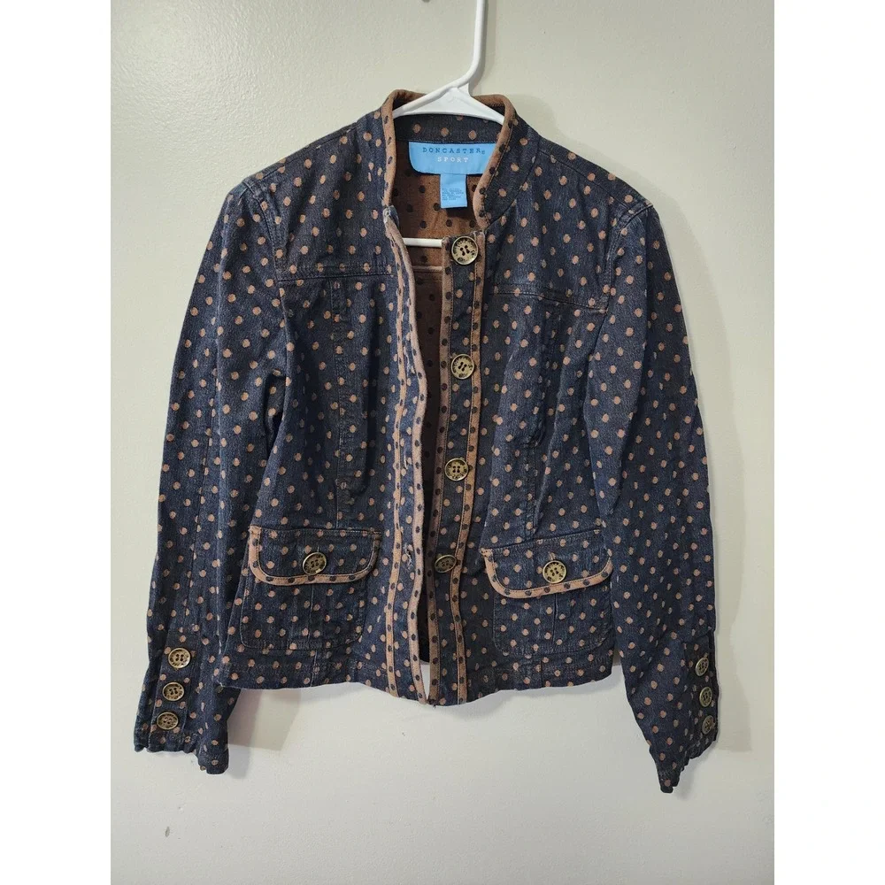 Doncaster Sport Polka Dot Denim Jacket Navy Brown Mock Neck XS/2 See Measurement